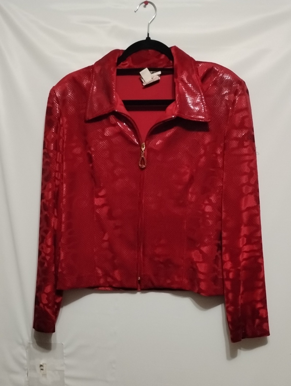 Stunning Vintage Joseph Ribkoff Shiny Red Zip-Front Mob Wife Glam Leather Jacket